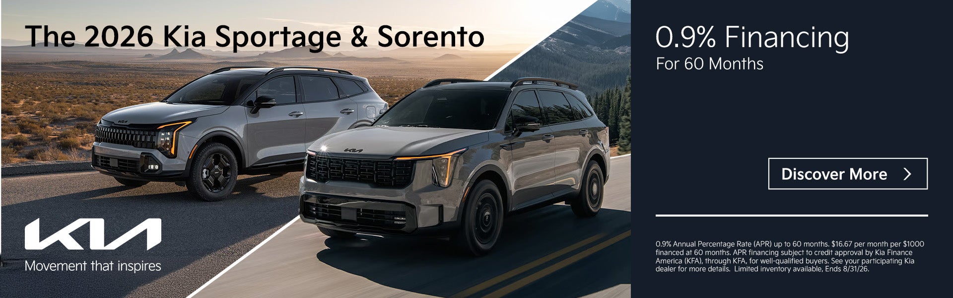 2026 Sportage and Sorento 0.9% APR for 60 months