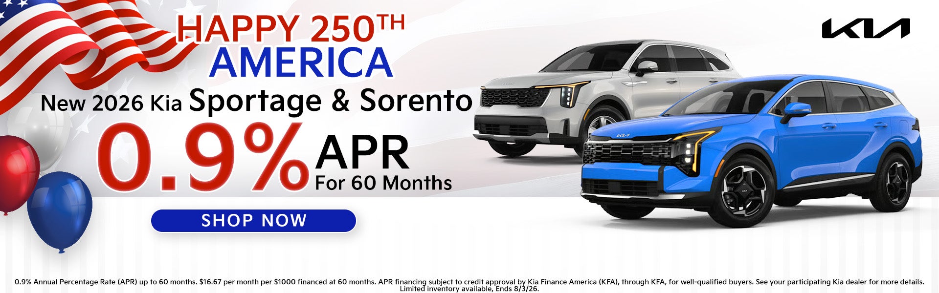 2026 Sportage and sorento 0.9% Apr for 60 months