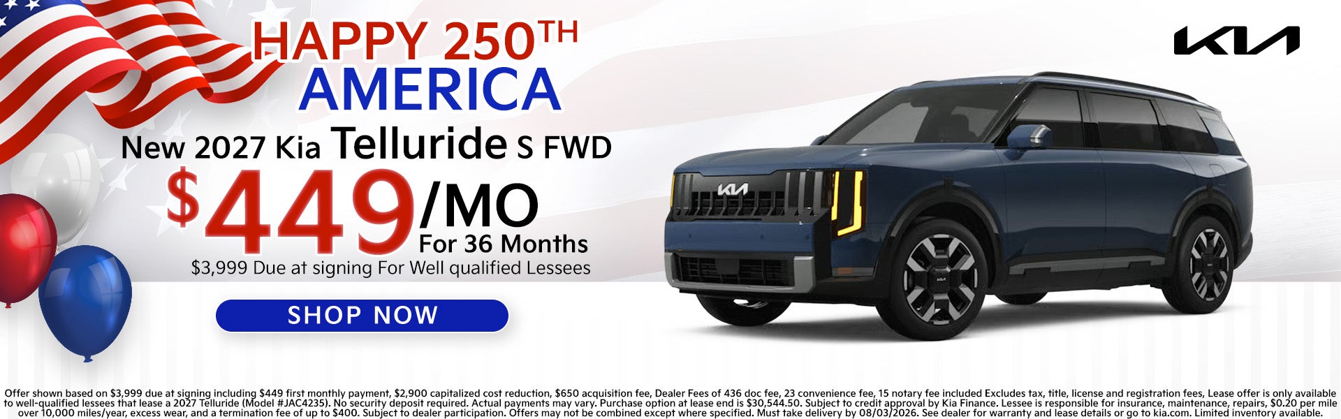 2027 Telluride S FWD $449 a month for 36 month lease