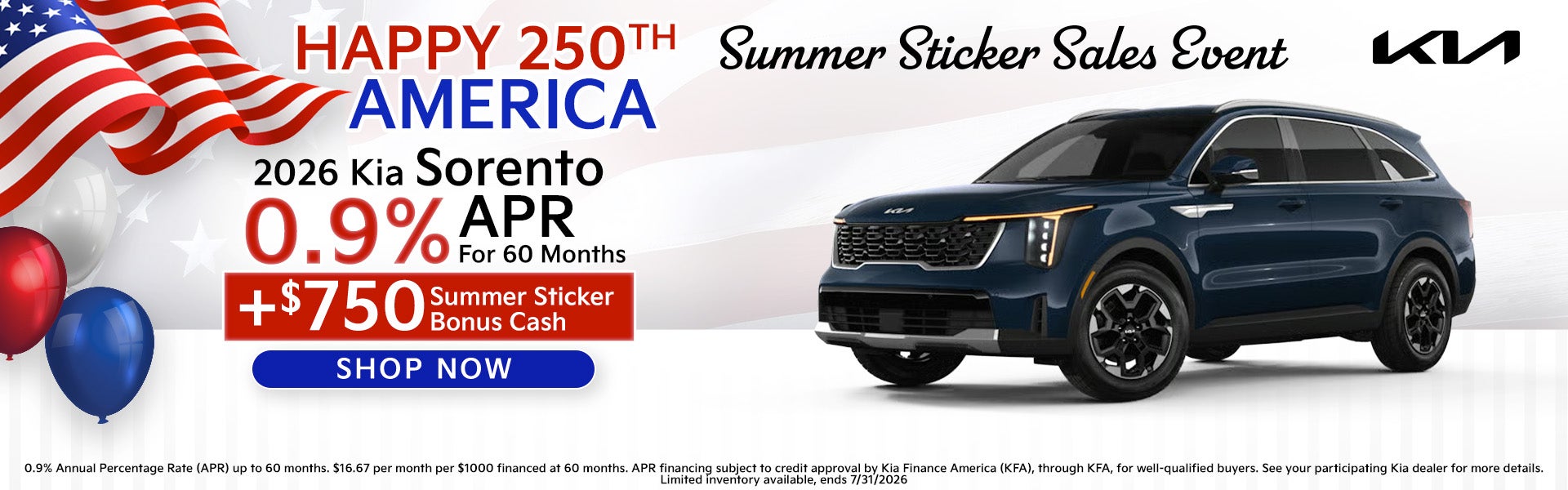 2026 Sportage and Sorento 0.9% APR for 60 months plus $750 