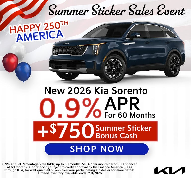 2026 Sportage and Sorento 0.9% APR for 60 months plus $750 
