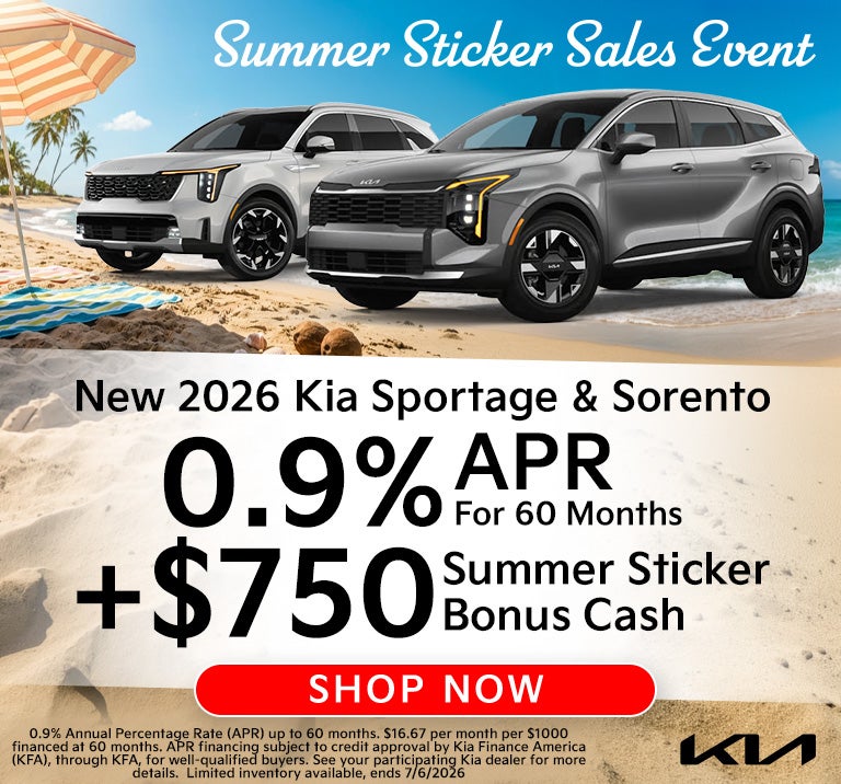 2026 Sportage and Sorento 0.9% APR for 60 months plus $750 