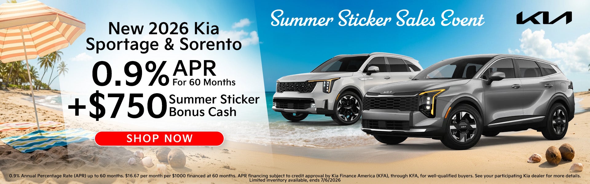 2026 Sportage and Sorento 0.9% APR for 60 months plus $750 
